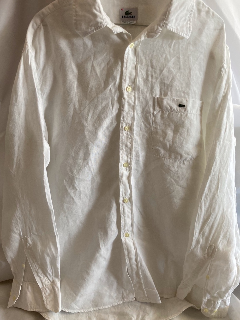 Lacoste 100% French Linen Men’s Reg.FitShirt White-Size 42 US-LG- Summer Preppy - Picture 13 of 13
